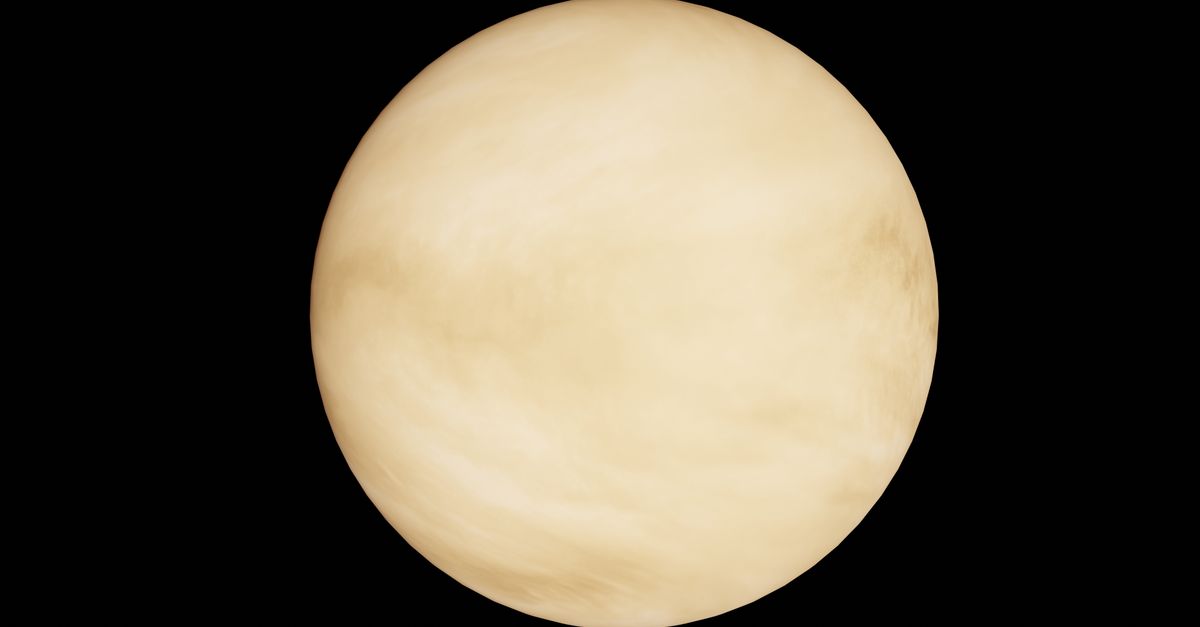 High-resolution image of planet Venus with its iconic cloudy atmosphere against a black space background.